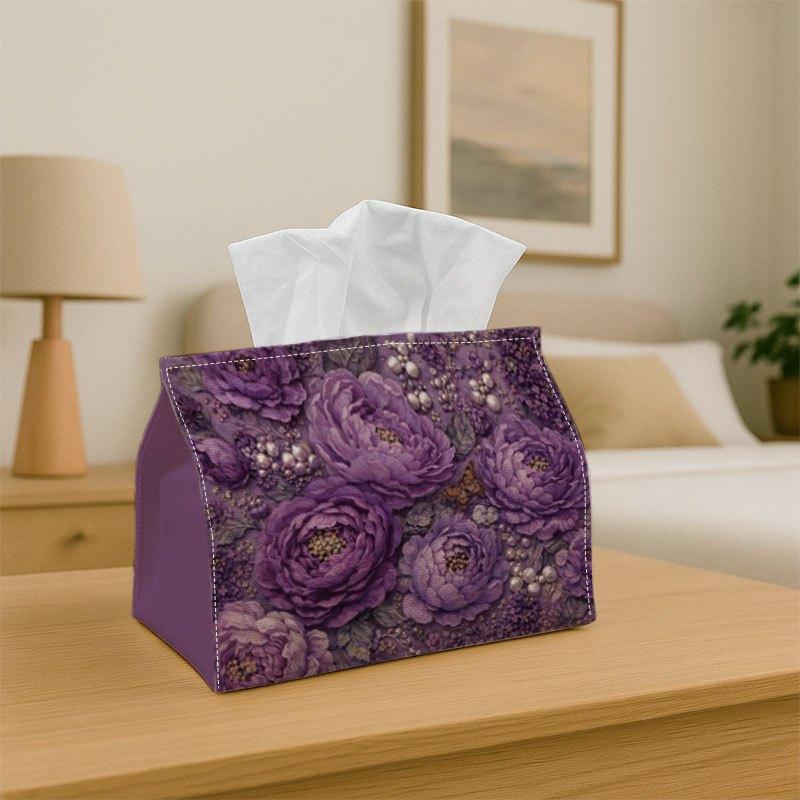 1pc Romantic Botanical Illustration Tissue Box- Purple Peony Fabric Multi-Purpose Storage Organizer for Kitchen, Dining Table Decorative Napkin Holder