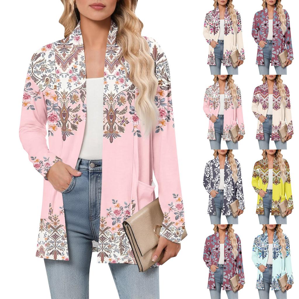 Damen Langarm Strickjacke V-Ausschnitt Mode Bedrucktes Hemd Leicht Lässig Locker Dünne Strickjacken Mit Taschen