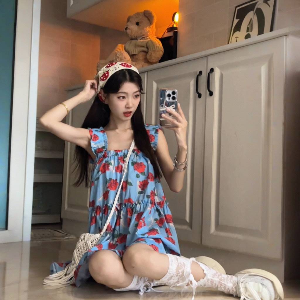 Retro fungus edge floral dress suspender dress women's summer loose and thin seaside vacation wind sweet short skirt
