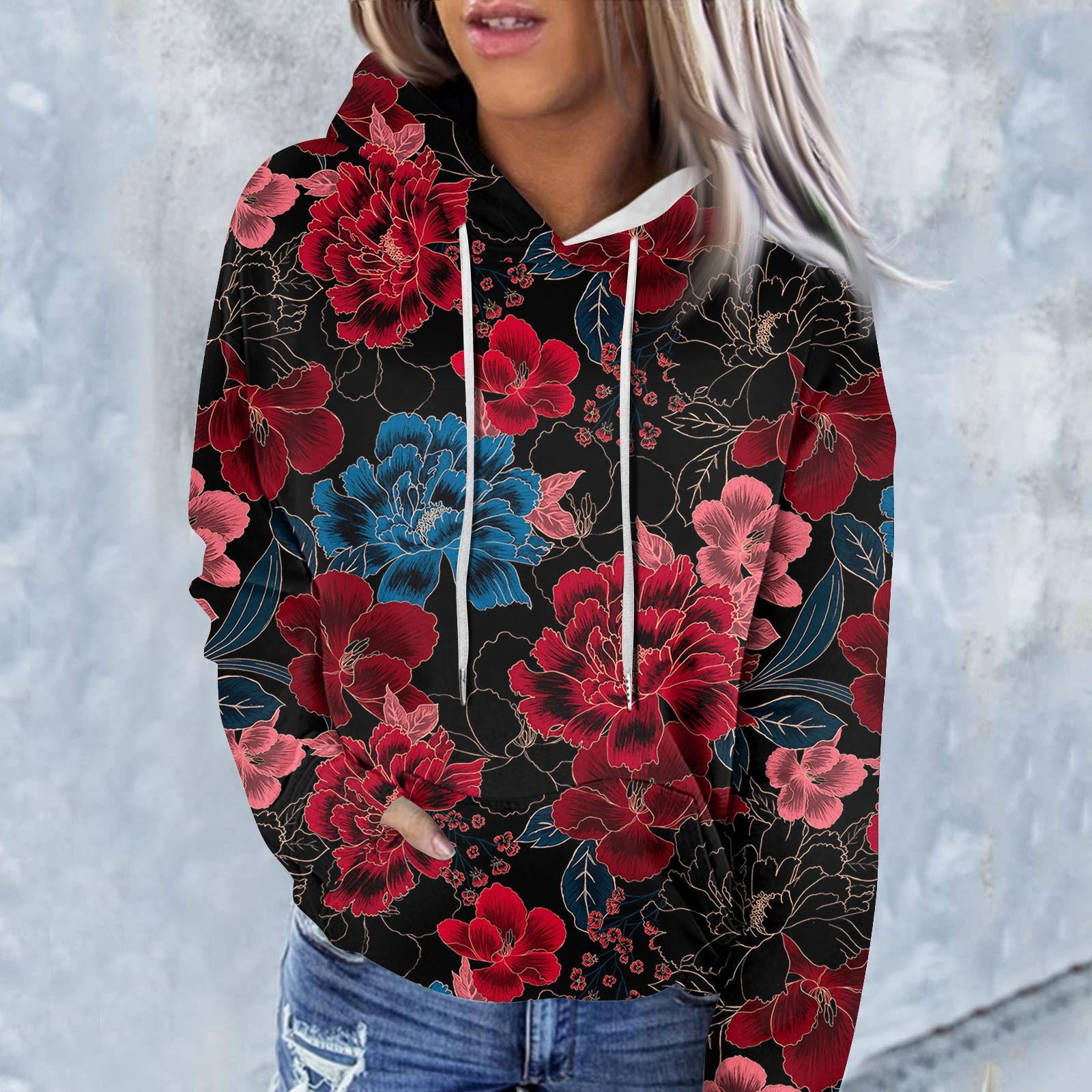 

Женская модная повседневная толстовка с капюшоном и цветочным принтом с длинным рукавом S красный