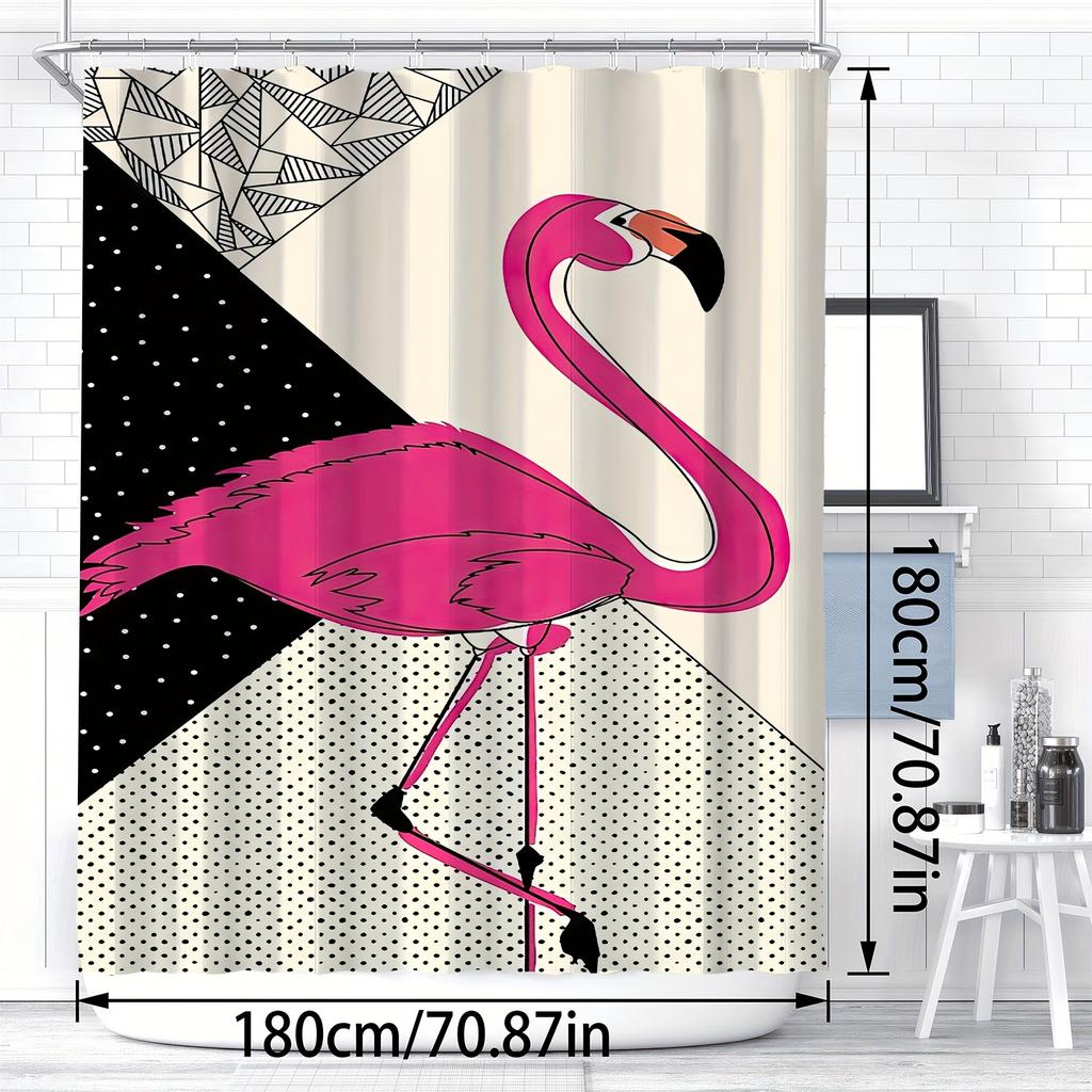1pc High Quality Flamingo Shower Curtain - Modern Nordic Minimalist Cartoon Design with Geometric Patterns, Vibrant Pink & Black