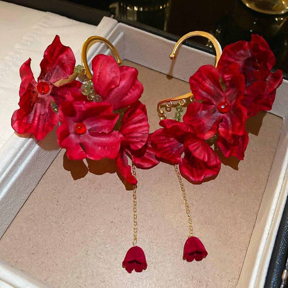 Sweet Gold Color Ear Hanging Red Flower Tassel Jewelry Accessories  for Women Girls