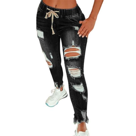 Móda Dámské Elastické Stahovací Šňůrky Dírky Dlouhé Džínové Kalhoty Rande Streetwear