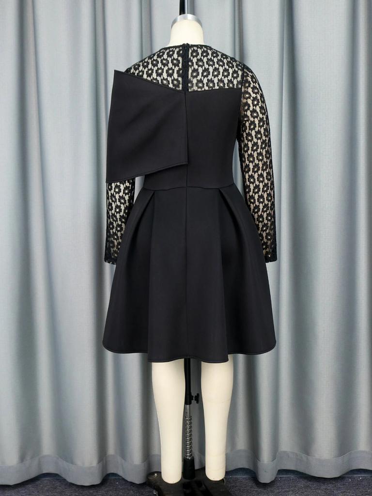 Czarna sukienka o linii A, dekolt w kształcie litery O, długi, koronkowy rękaw, wysoka talia, plisowana do kolan, wieczorowa, urodzinowa, koktajlowa suknia balowa