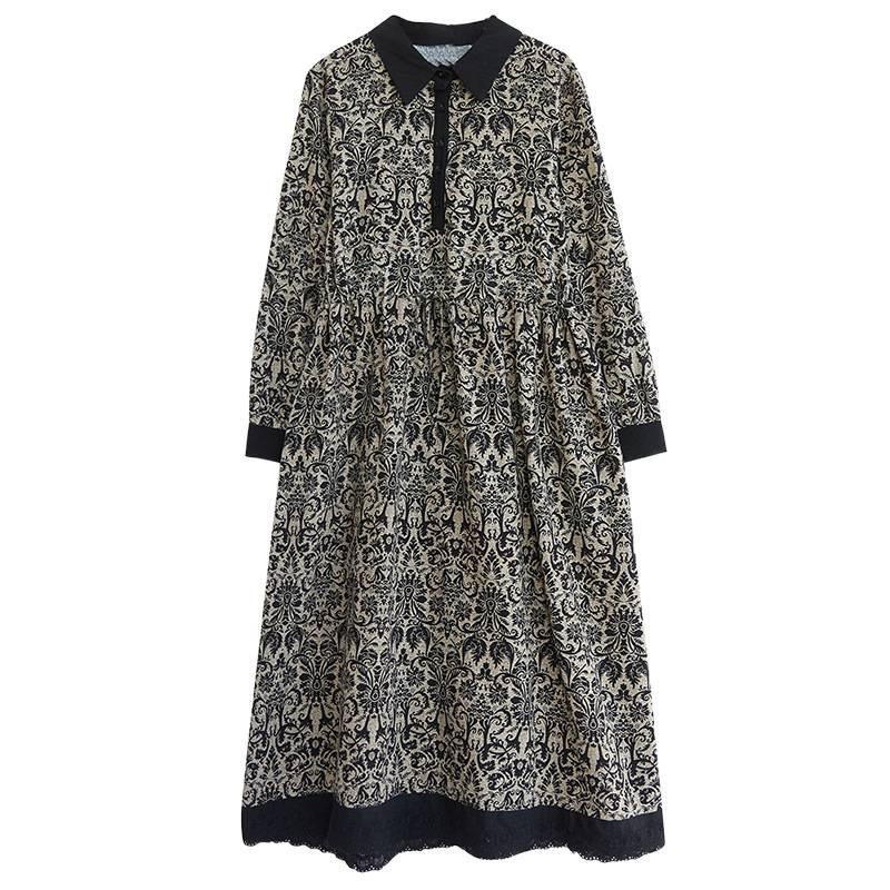 Autumn Literary Print Dress: Long-Sleeved, Cotton-Linen, Loose Fit, Extended Style with Shirt Collar