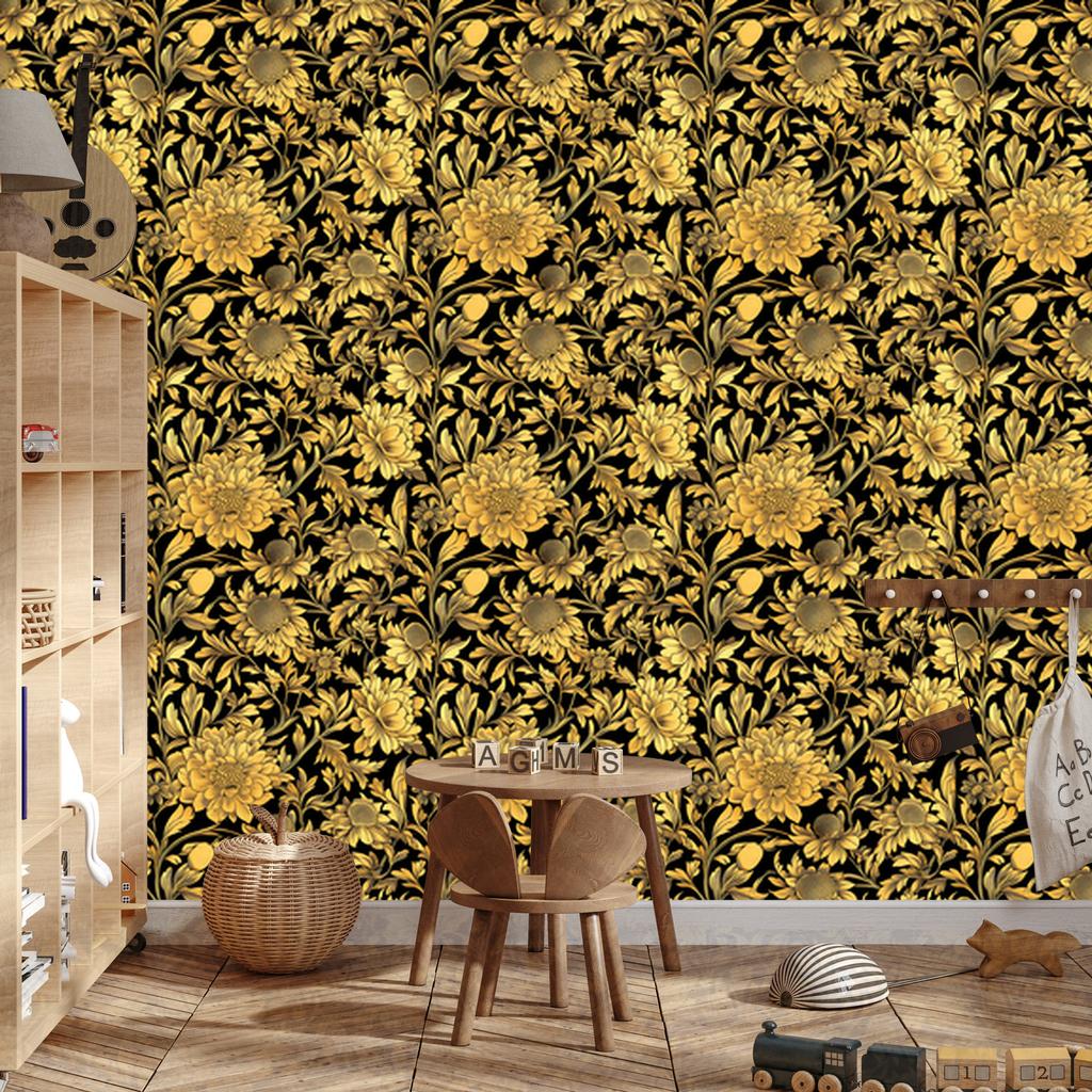 Golden Hibiscus Wallpaper Ochre, Gold, Yellow and Black 50x1000