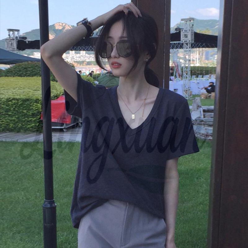 Women s Korean Style Bamboo Textured Cotton V-Neck Loose Summer T-Shirt Medium