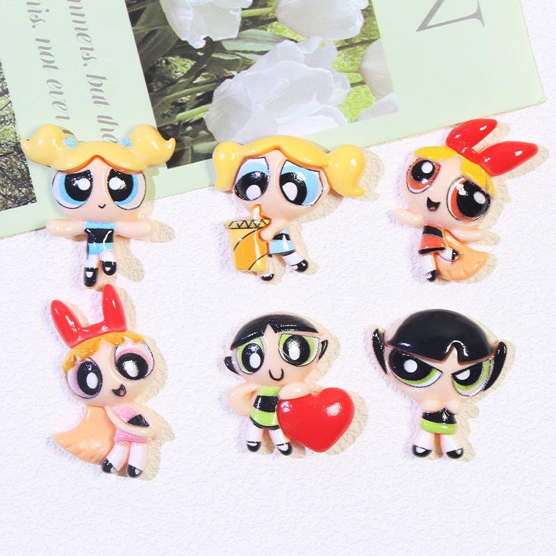 6Pcs Kawaii Anime The Powerpuff And Girls Series Resin Model Toys Cute Cartoon Character Creativity Diy Keychain Material