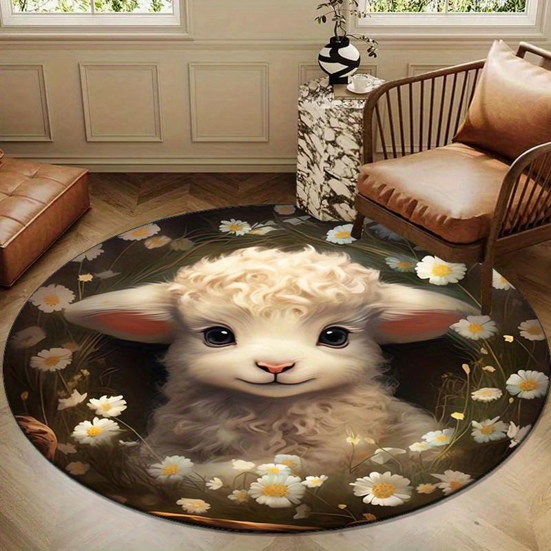 Kristall-Samt Niedlicher Lamm-Print Runder Teppich - Rutschfest, Weich & Langlebiges Polyester-Teppich für Schlafzimmer, Wohnzimmer oder Nachttisch-Dekoration, Gemütlich