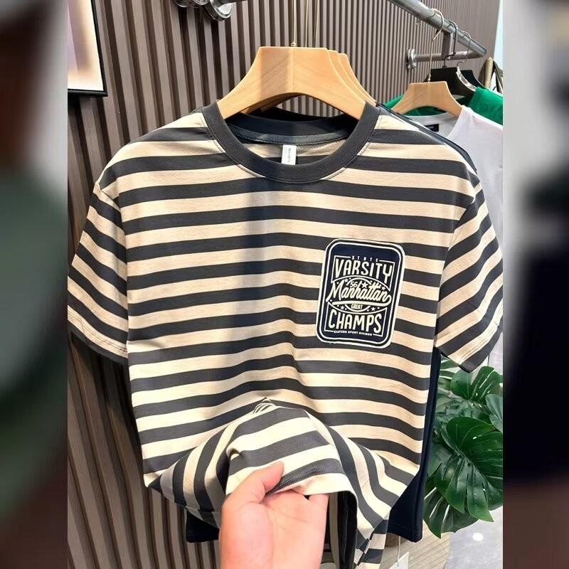 

Футболка свободного кроя унисекс в полоску с короткими рукавами, круглый вырез, универсальный стиль, 2024 года 4XL серый