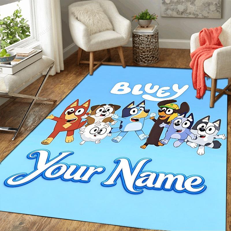 Custom 1Pc Bluey Cartoon Family Fun Flannel Personalized Rug Non Slip Floor Mat Soft Carpet for Living Bedroom Office Home Decor Gift