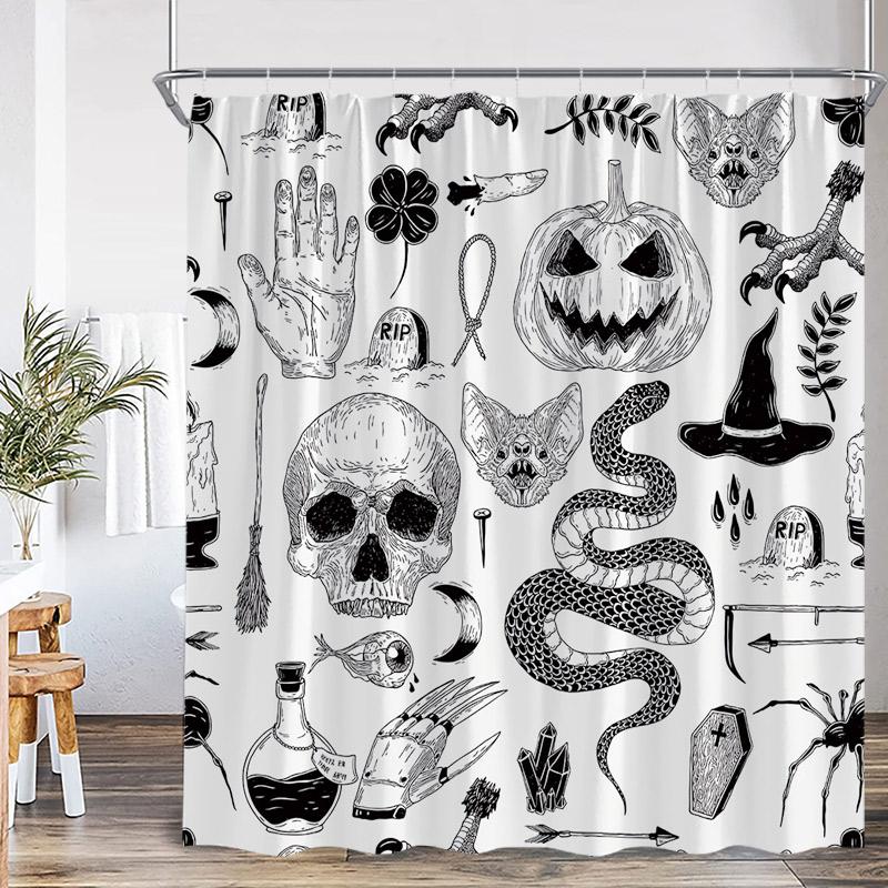 Horror Halloween Shower Curtains Pumpkin Skeleton Black Raven Cat Castle Skull Bath Curtain Set Home Bathroom Decor with Hooks