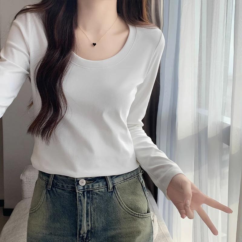 Pure Cotton Bottoming Shirt T-shirt for Women In Autumn Winter New U-shaped Collar, Right Shoulder, Slim Fit, Pure Lust Style Basic Long-sleeved Top