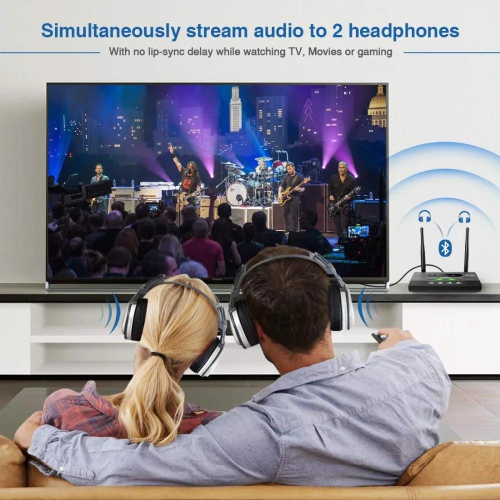 NFC 80m Bluetooth 5.0 Audio Transmitter Receiver Bypass AptX LL HD Wireless Adapter SPDIF AUX 3.5mm For PC TV Pair 2 Headphones