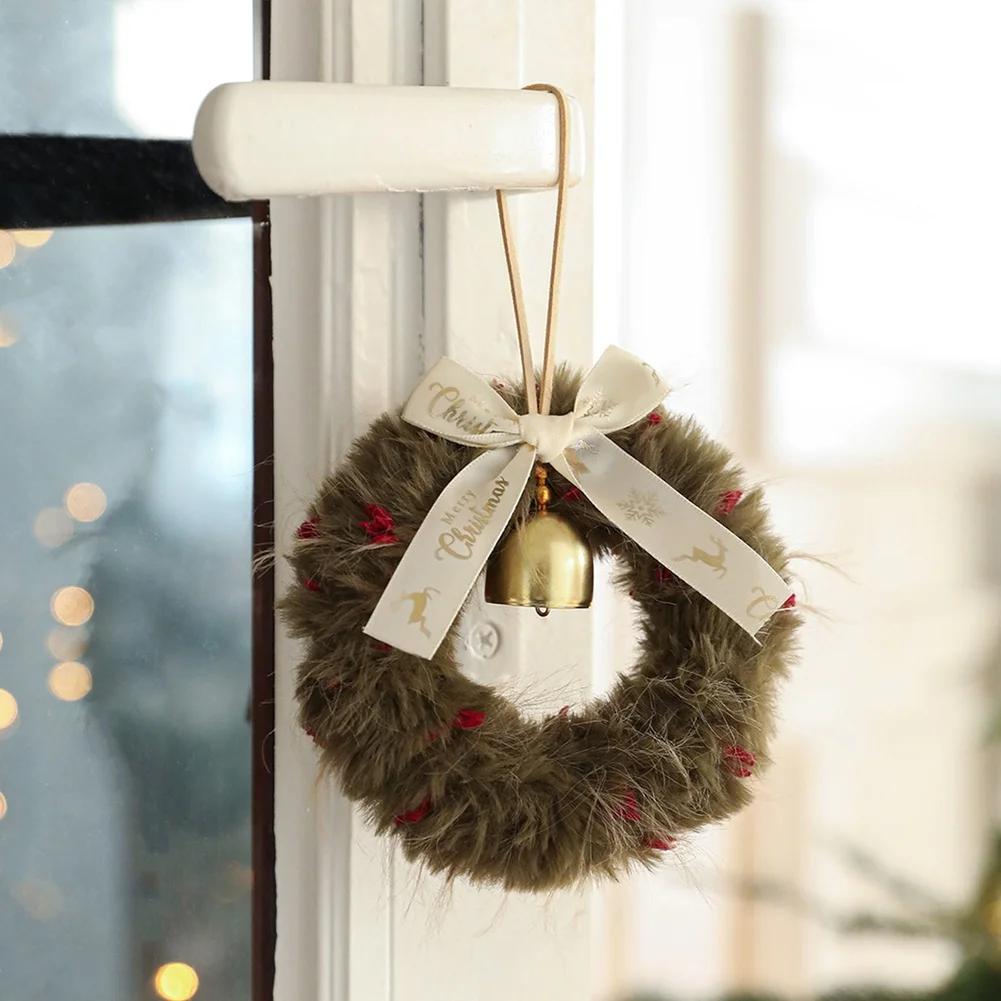 Plush Christmas Wreath Hanging Decoration With Ribbon Bow Bells Window Accent Christmas Bell Bow Wreath Xmas Tree Ornaments