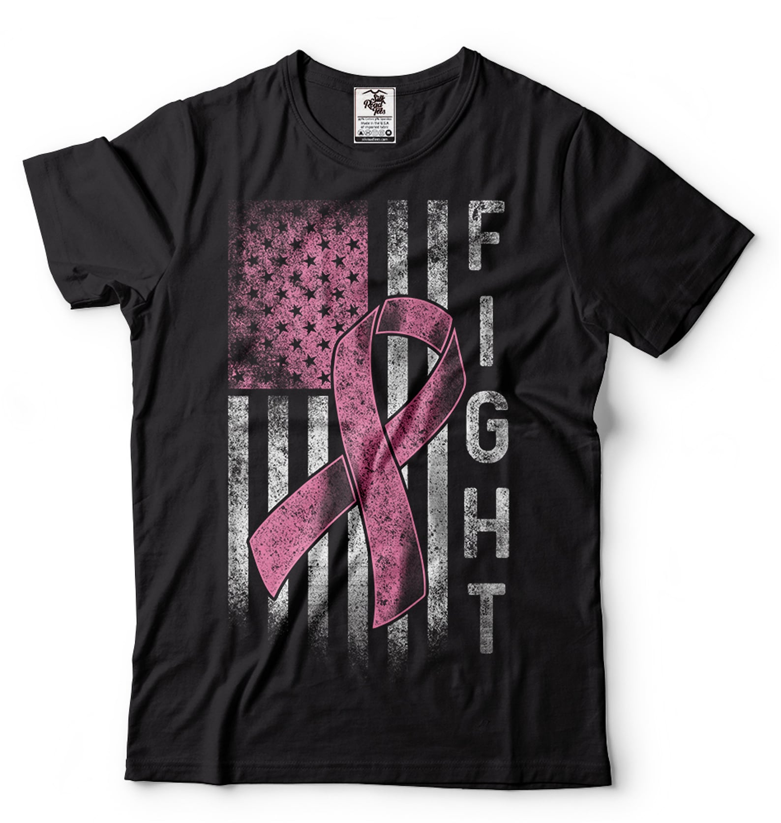 USA Flag Pink Ribbon T-Shirt: Cancer Awareness Gift L
