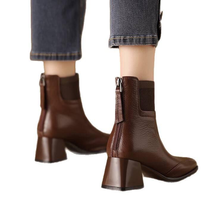 French Retro Autumn and Winter Knitted Small Short Boots Women's 2025 New Thick Heel Square Head Martin Boots Popular Thin Cotton Boots