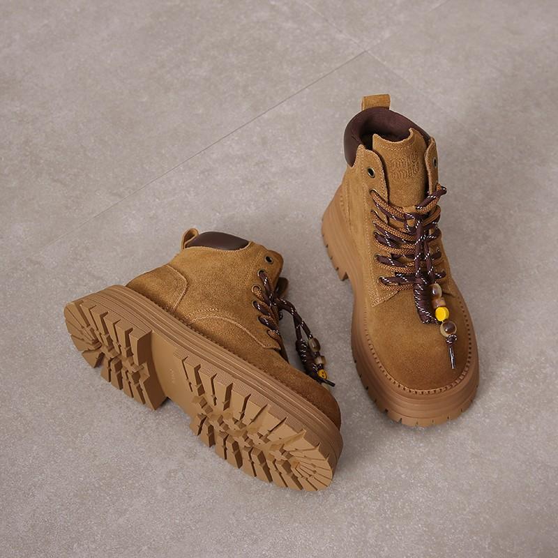 Fashion Boots Autumn New Round Toe Suede Lace-up Platform Non-slip Wear-resistant Square Heel Mid-leg Boots