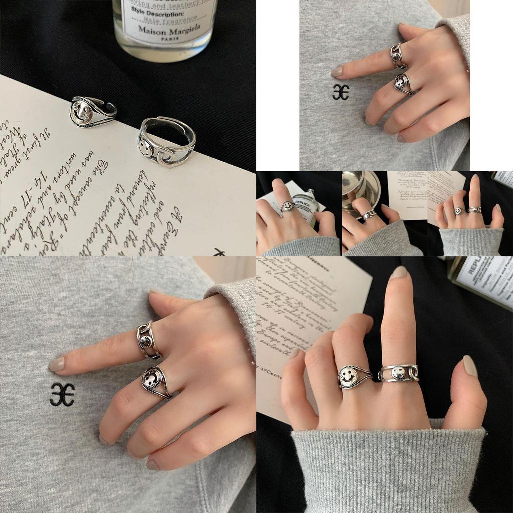 Retro Geometrisches Smiley-Gesicht Minimalistischer Ring Modischer 925er Echtsilber Für Damen