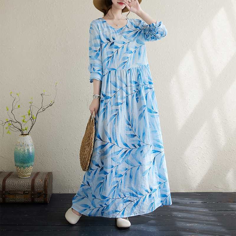 Vacation Style Travel Round Neck Retro Long Dress