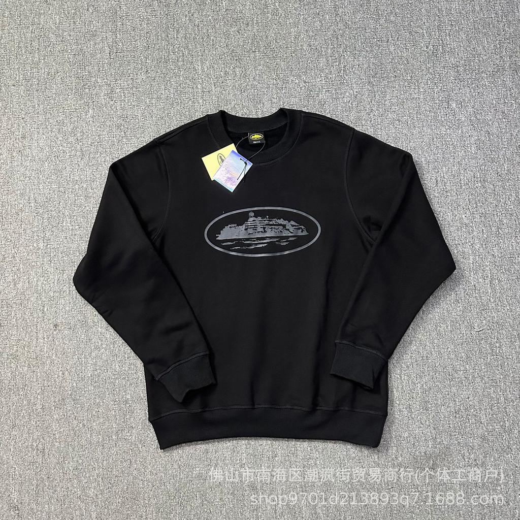 Corteiz Classic Series Ship Print Logo Thin Plush Loop Hooded Sweater, Trendy Men's and Women's Casual Sweatpants