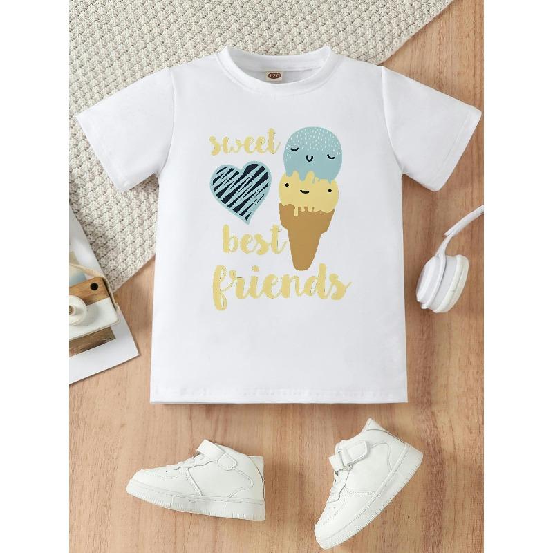 European sizes A Short-Sleeved T-Shirt for Girls Featuring Adorable Cartoon Designs with Hearts And an Ice Cream Print