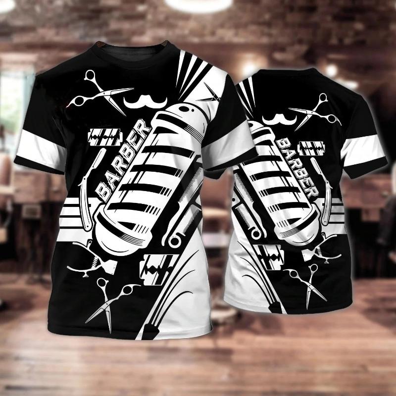 Fashion New Customized Barber Men's T-shirt Street Element Round Neck Plus Size Comfortable Short sleeved Top