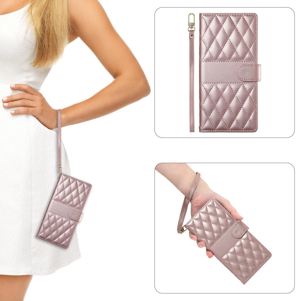 For Oppo Reno14 F 5G Case Rhombus Stitching Wallet Stand Leather Phone Cover with Long/Short Strap