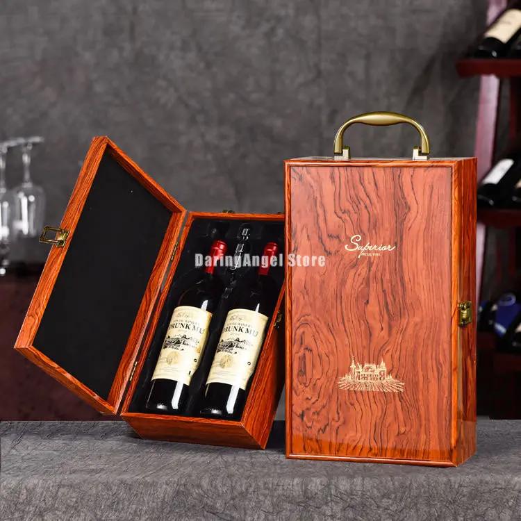 Luxury Double Leather Box Wine Bottle Wooden Organizer Wood Holder for Red Champagne with Cocktail Set