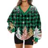 Women's Fashionable V-neck Christmas Printed Long Sleeved Casual Pullover Plush Warm Pocket Sweatshirt Top