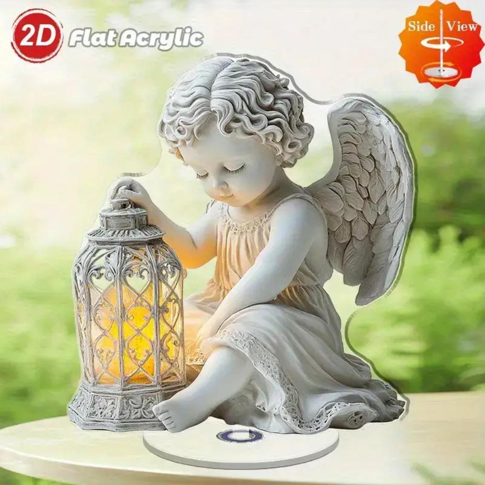 Elegante Angelo Rotante 2D in Acrilico con Lanterna, Base Stabile e Leggera Decorazione per Casa, Ufficio, Chiesa e Cimitero, Perfetto per Natale, Matrimoni