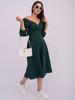 Spring V-Neck Waist-Cinching Puff Sleeve Dress with Pockets for Women