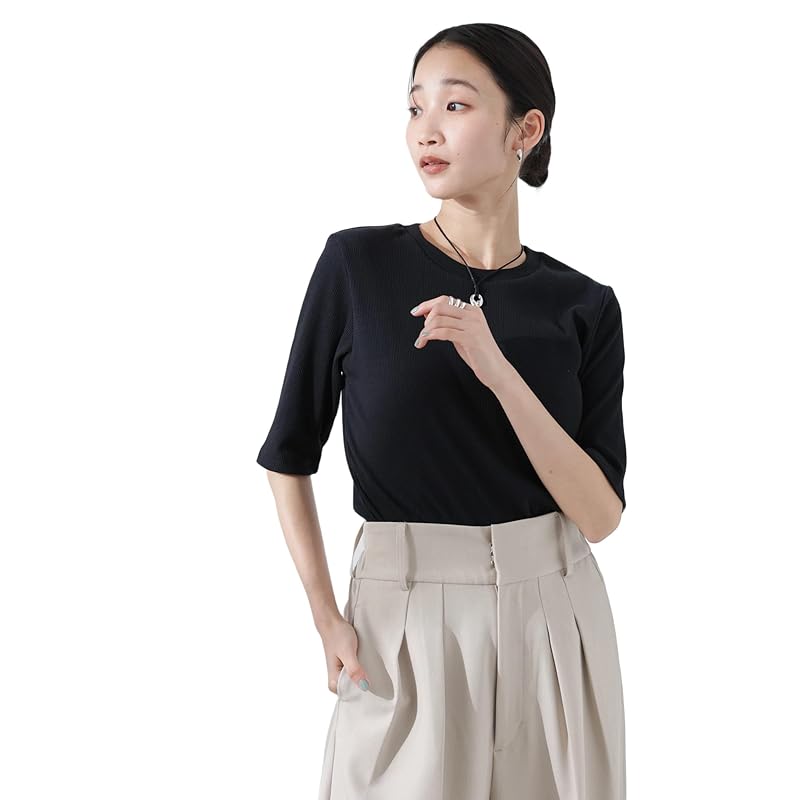 

[Nano Universe] cut and sew UV cut Antibacterial, deodorizing, water absorption and quick drying easy care rib short sleeve ladies F 010 black