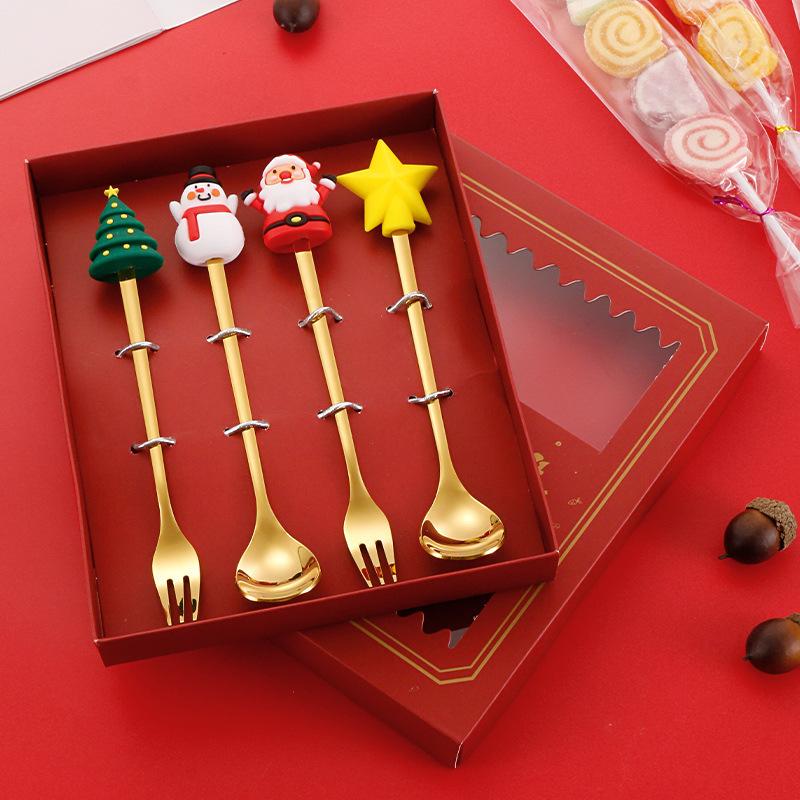 Christmas Cutlery Gift Set Stainless Steel Spoon Home Gift Spoon Set Gift Box Santa Claus Reindeer Coffee Spoon Dessert Spoon