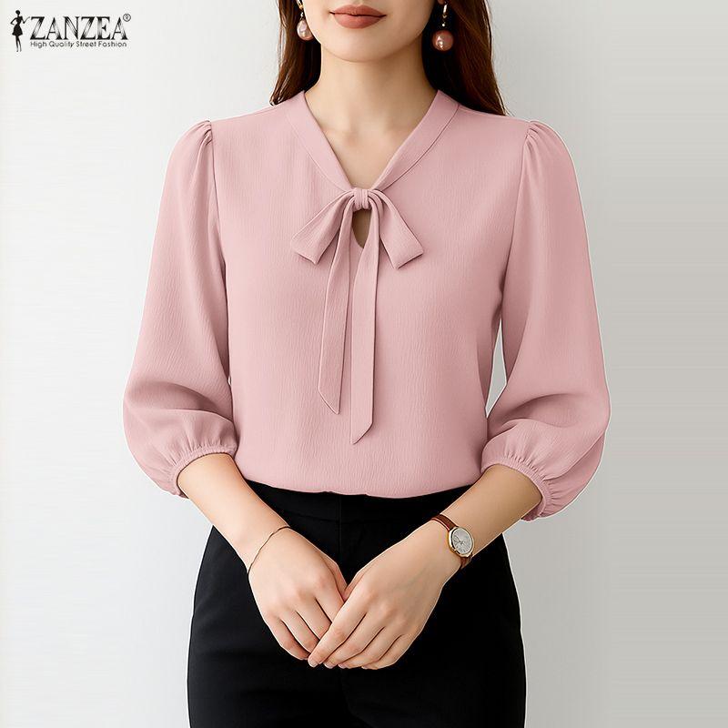 ZANZEA Lässige Bluse mit V-Ausschnitt und 3/4-Ärmeln für Damen in Volltonfarbe