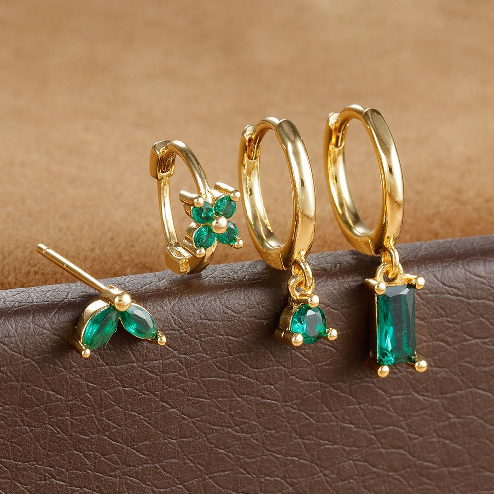 4PCS Stainless Steel Huggies Hoop Earrings Set For Women Rose Red Crystal Zirconia Unique Cartilage Earrings Piercing Jewelry