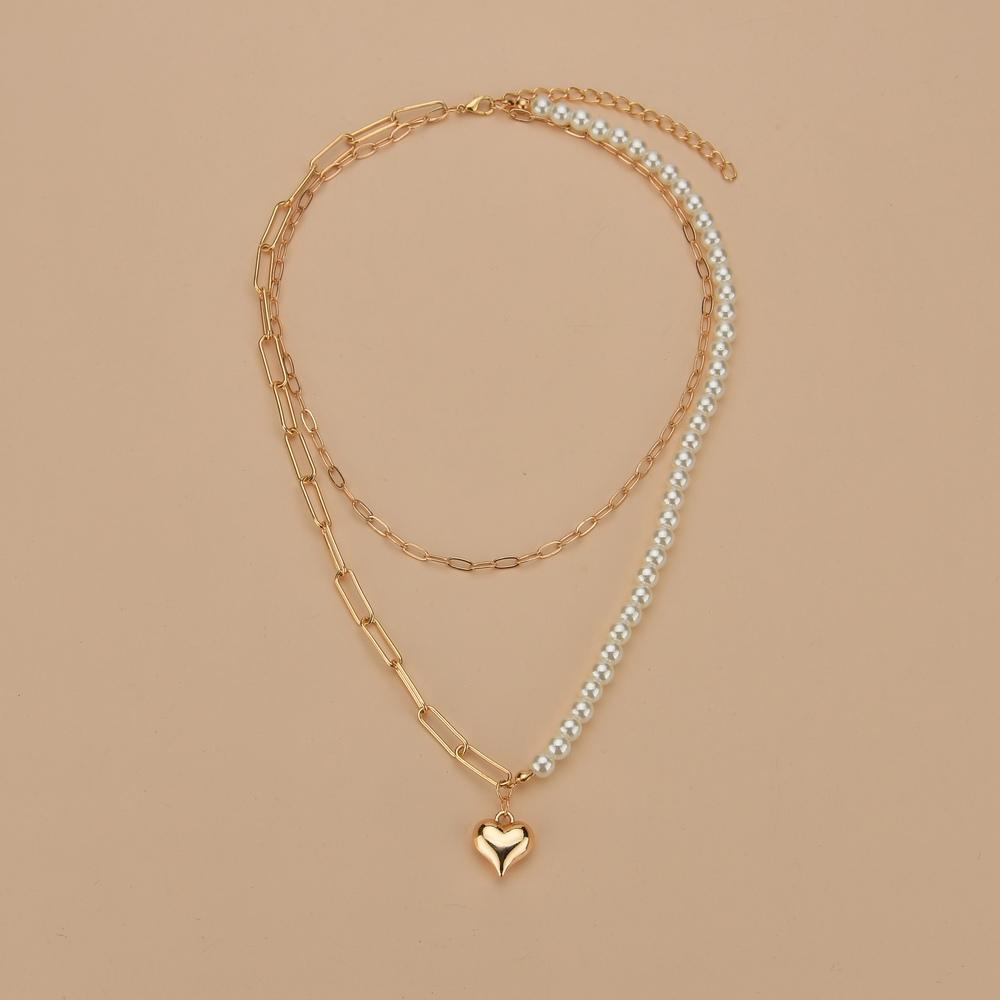 

Fashion Love Pendant Paper Clip Chain Half Imitation Pearl Double Layer Necklace Women s and Men s Casual Simple Party Jewelry