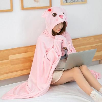 Cozy Hooded Nap Blanket Cartoon Kawaii Cloak Multi Functional Thermal Blanket Office Nap