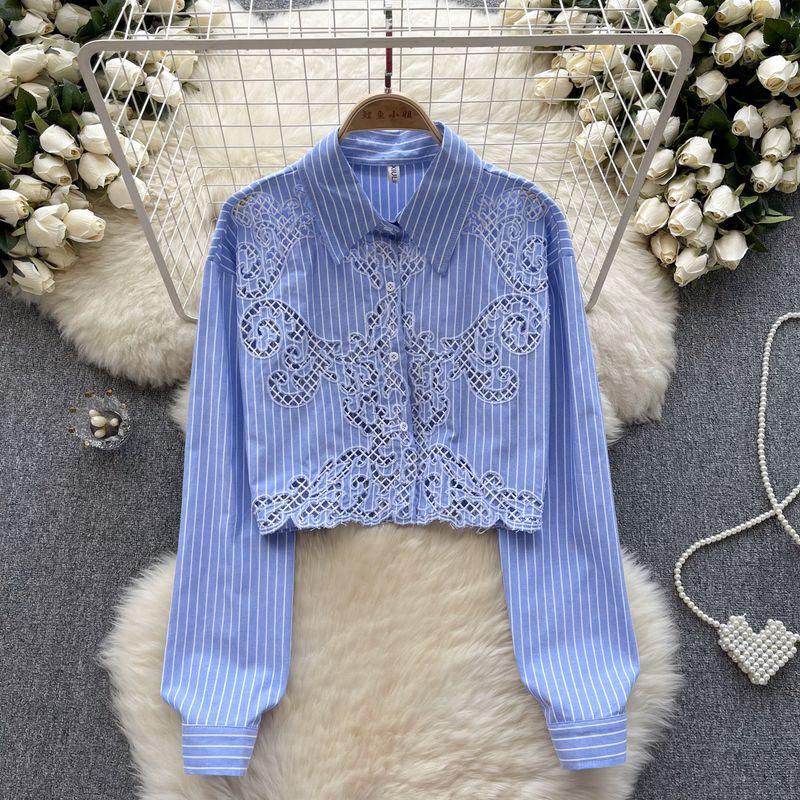 

Long Sleeves Crochet Niche Temperament Tops Stripes Shirt Blue All yards