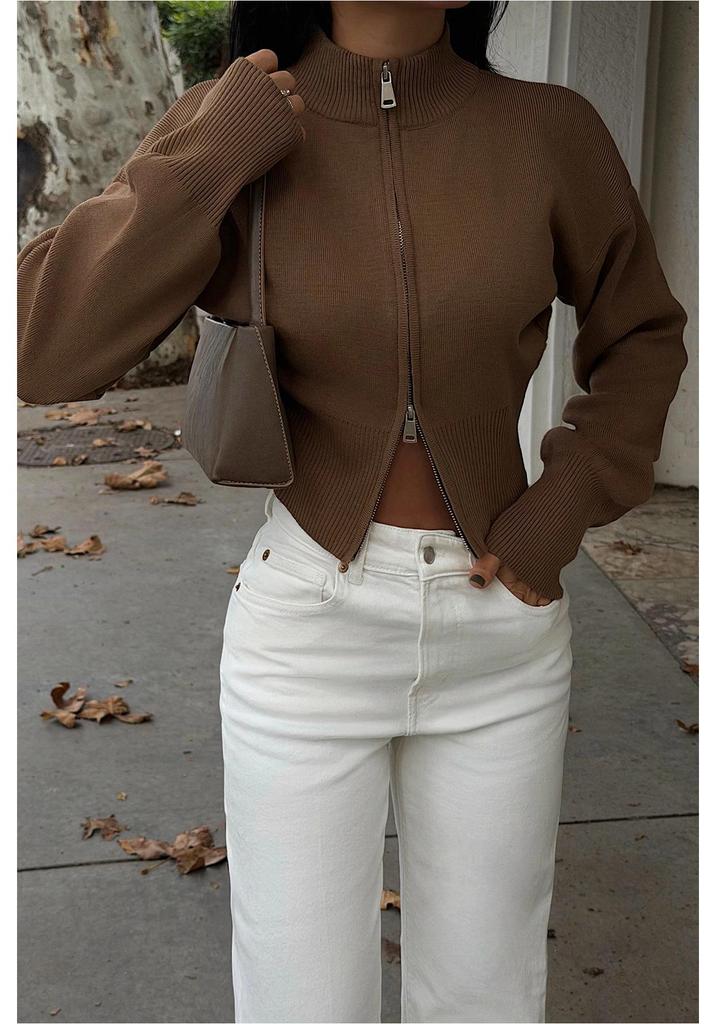 European & American Style Knit Zipper Cardigan: Women's Half-high Collar, Loose Long Sleeve, Cropped Soft Fluffy Sweater.