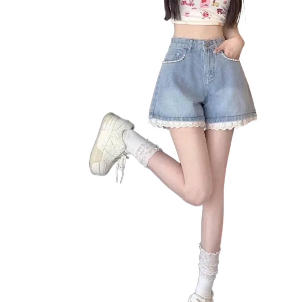 Women's Summer 2026 High Waist Beaded Lace Denim Shorts - Plus Size, Slimming, Versatile, Petite-Wide Leg