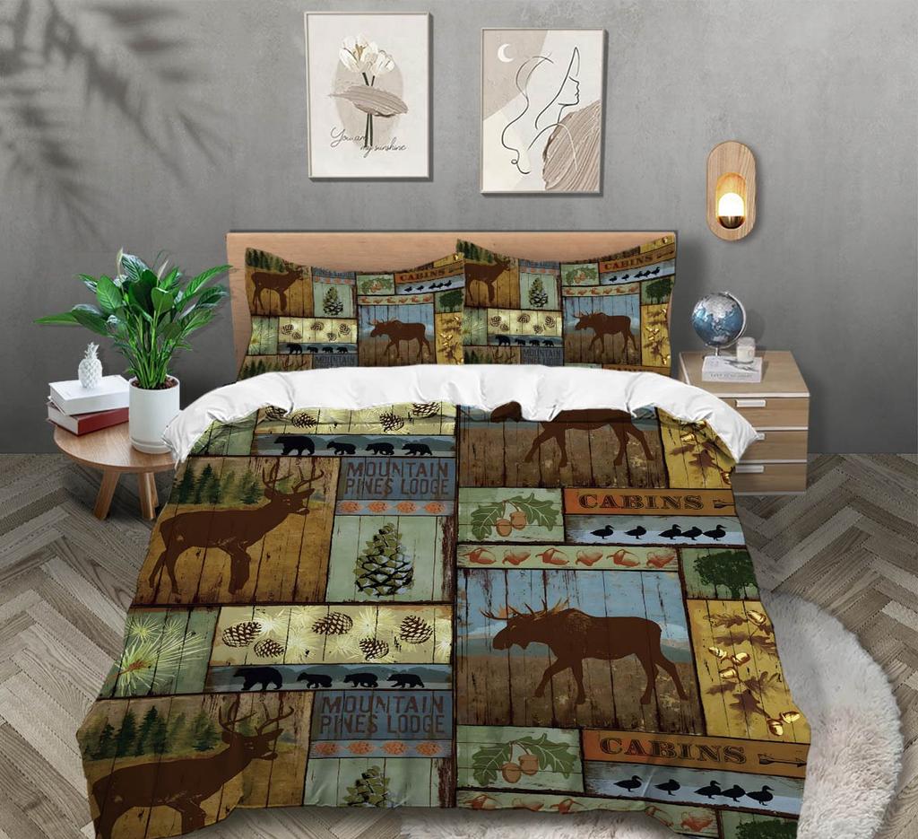 Country Farmhouse Påslakan Queen King Size Djur Vilda Djur Stuga Sängkläder Set Nostalgisk Rumsdekor 3 Delar Med 2 Örngott
