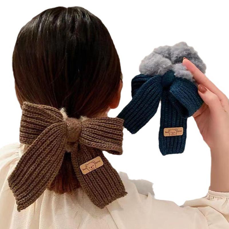 Autumn Winter Knitting Wool Bow Elastic Scrunchy Hair Accessories For Girls Women Hair Band Cute Hair Headdress Jewelry Gift