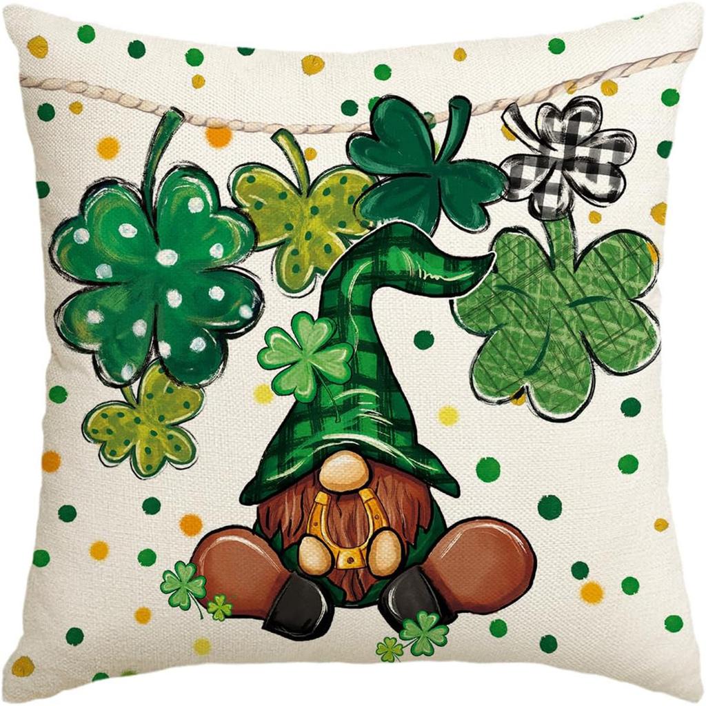 St. Patrick's Day Pillow Cover Line Printed Pillow Cover Green Four-leaf Crocodile Cushion Cover