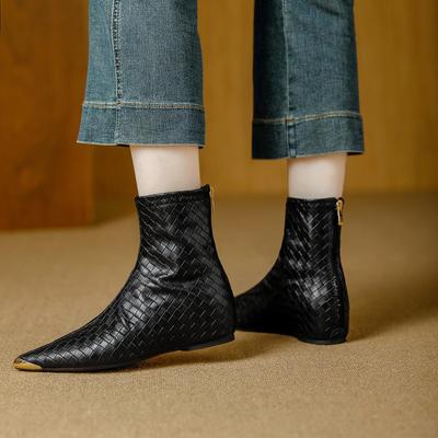 Women's Retro Pointed Toe Ankle Boots - Woven, Slimming Design & Inner Lift for 2025 Autumn/Winter Collection.