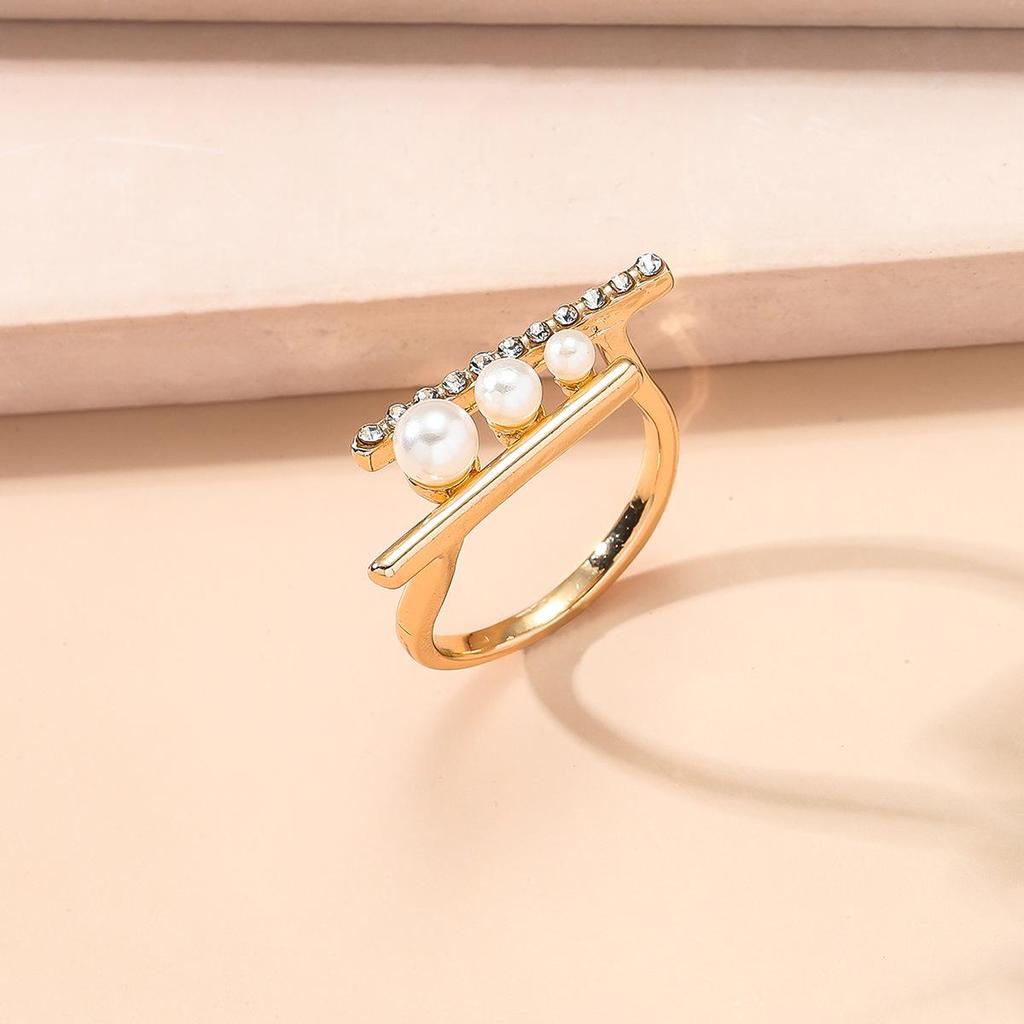 Chic Double Layer Pearl Alloy Geometric Open Ring - Unique Design