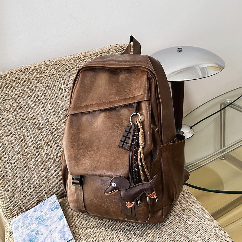 Retro Hong Kong Style Soft Leather Backpack, Men's and Women's Locomotive Style Backpack, College Student Schoolbag, Cool Waterproof Computer Bag