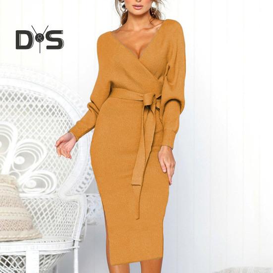 Women Fall Winter Dress V Neck Lace Up Belted Tight Waist Solid Color Knitted Elastic Mid Calf Length Long Sleeve Slim Fit Lady Commute Dress