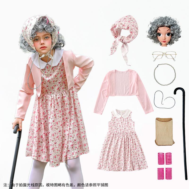 Carnival children's clothing floral skirt 100 days of school grandma suit funny dress cos old woman clothing