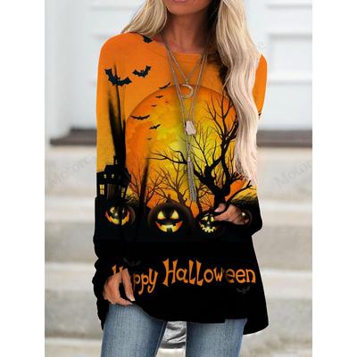 Women's Halloween T-shirt Long Sleeve 3d Pumpkin Print T-Shirt Women Fashion Casual Crew Neck Oversized Tops Tees Female Falls